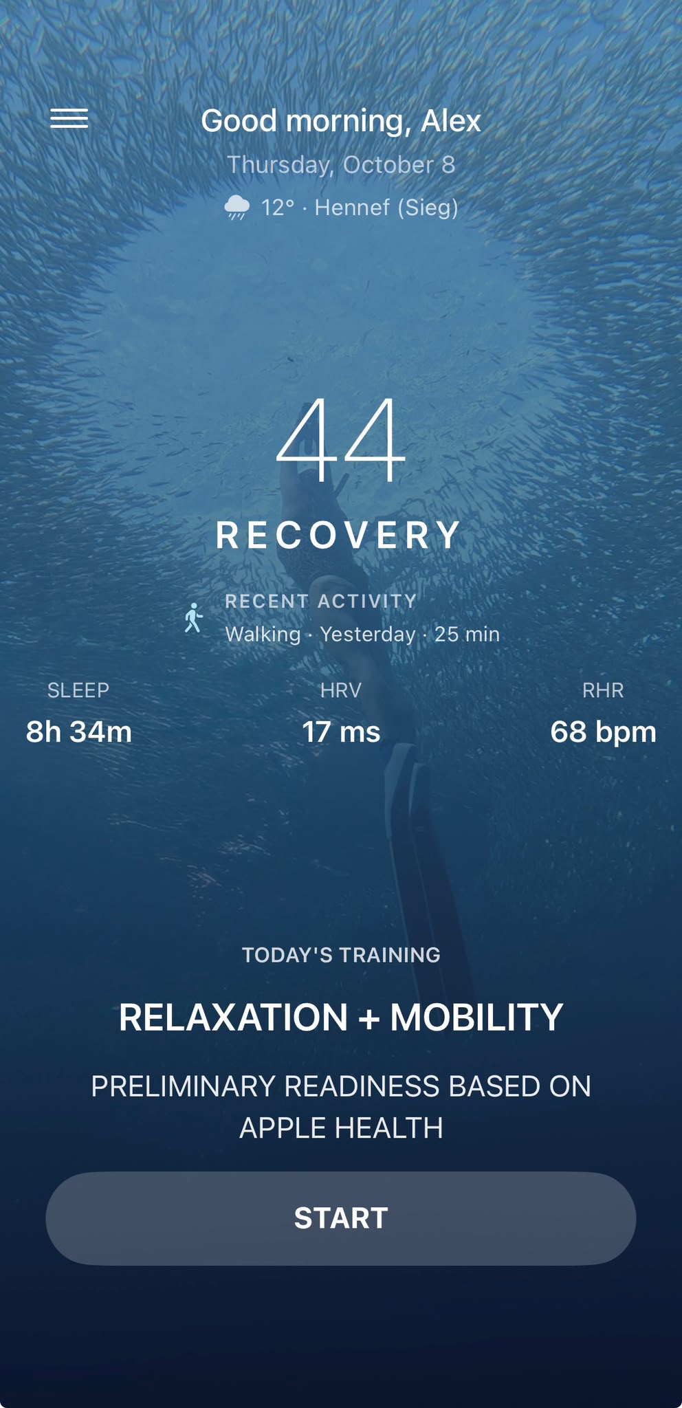 ApneaReady Daily Readiness: score 44, Recovery, and today’s relaxation and mobility recommendation