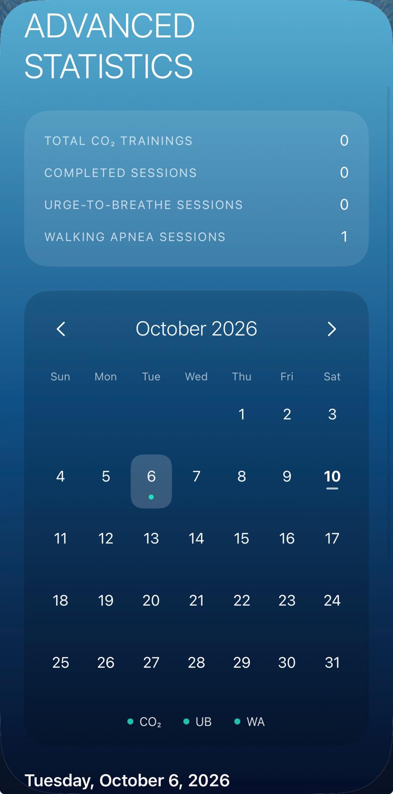 ApneaReady Advanced Statistics calendar with session overview